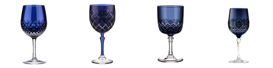 Exquisite blue crystal stemware collection with elegant goblets wine glasses and tumblers arranged on a table setting for sophisticated dining and entertaining occasions