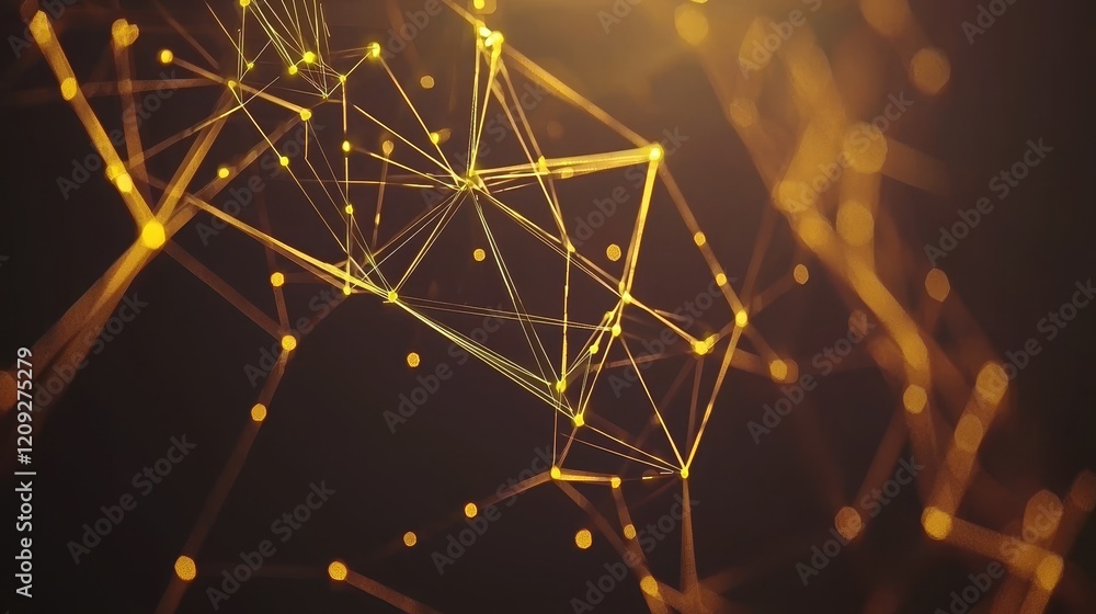 Poster abstract dynamic wave of connected dots and lines on a dark background, featuring a wave of bright p