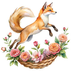 Fototapeta premium Golden fox rose basket Clipart Watercolor 