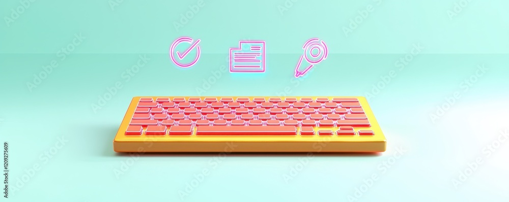Poster colorful keyboard with icons on minimalistic background