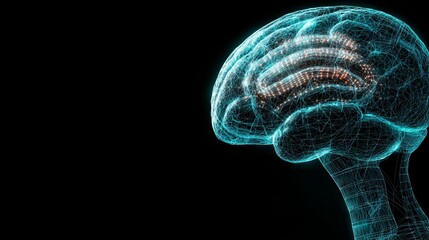 A 3D illustration rendering of a brain AI connecting to a futuristic technology network in the background, featuring an atom cell neuron plexus for health and digital deep learning