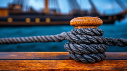 Close-up of a wooden post and rope on a ship's deck with a blurred historical vessel in background