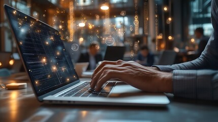 A businessman is using his laptop to access the data