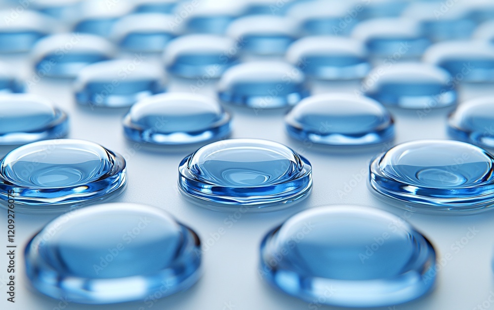 Aufkleber Close-up of many translucent blue lens-shaped objects arranged in rows on a light surface.