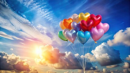Fototapeta premium Heart-shaped balloons ascend into a vibrant sunset sky, a breathtaking spectacle of colorful joy and uplifting serenity.