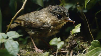 A Small Brown Bird with a Red Ant in Its Beak