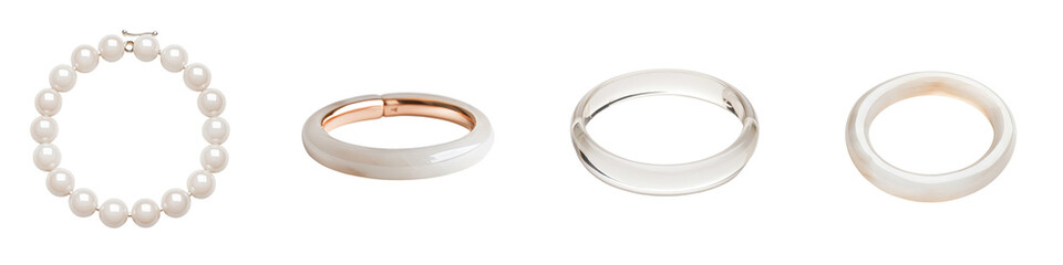 Fototapeta premium Elegant and Minimalist Jewelry Arrangement Close up of a Pearl Bracelet and Two Metal Rings Displayed on a Clean White Studio Background