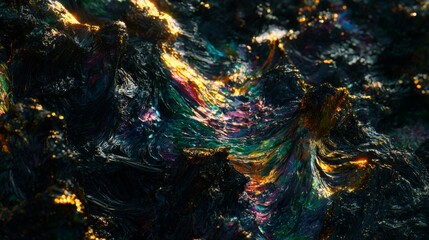 Abstract iridescent dark texture swirling metallic paint digital art cosmic landscape vibrant