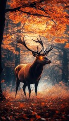 Majestic stag in autumnal forest. Glowing eyes and majestic antlers stand out against the vibrant fall foliage.