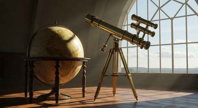 Vintage Globe and Brass Telescope in Sunlit Observatory - Perfect for Educational and Historical Content