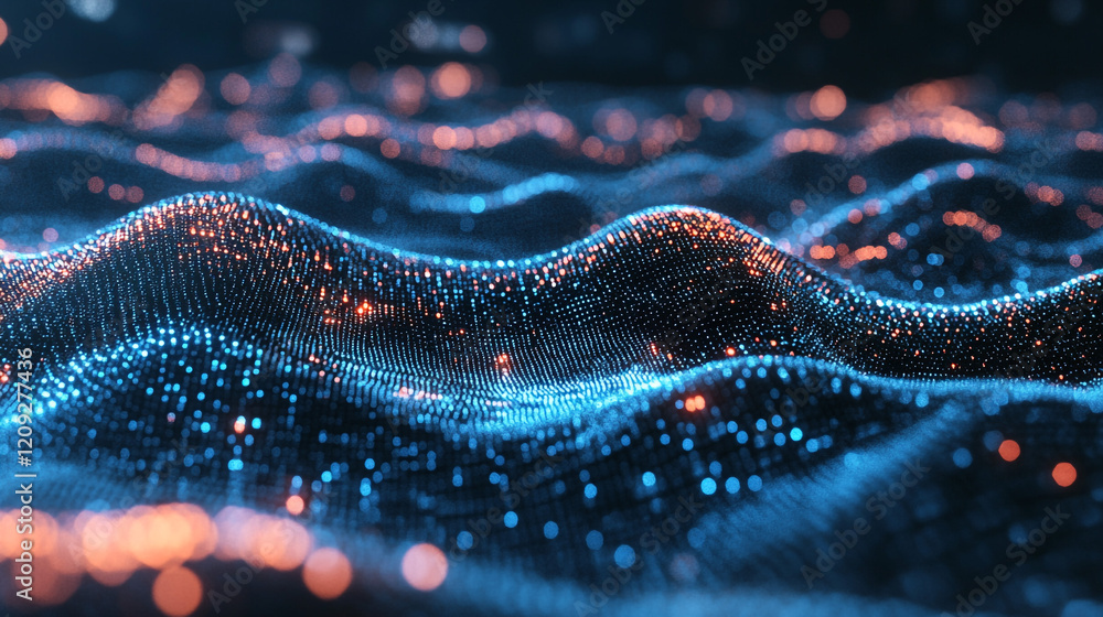 Poster abstract dynamic waves of glowing blue and orange light points, evoking technology, data networks, a