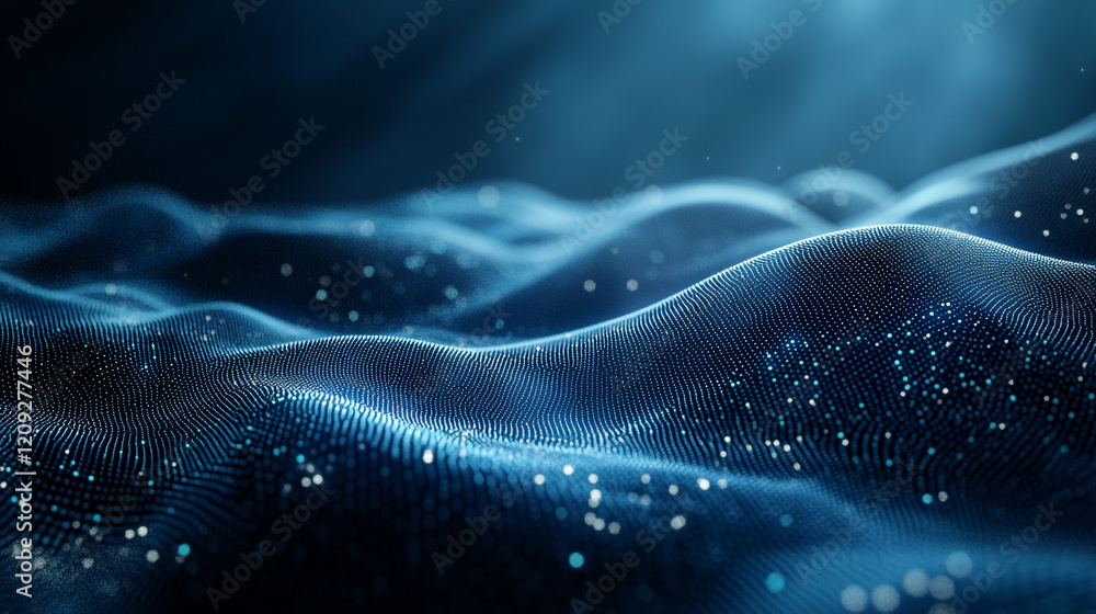 Poster abstract dynamic waves of glowing blue light points, evoking technology, data networks, and futurist
