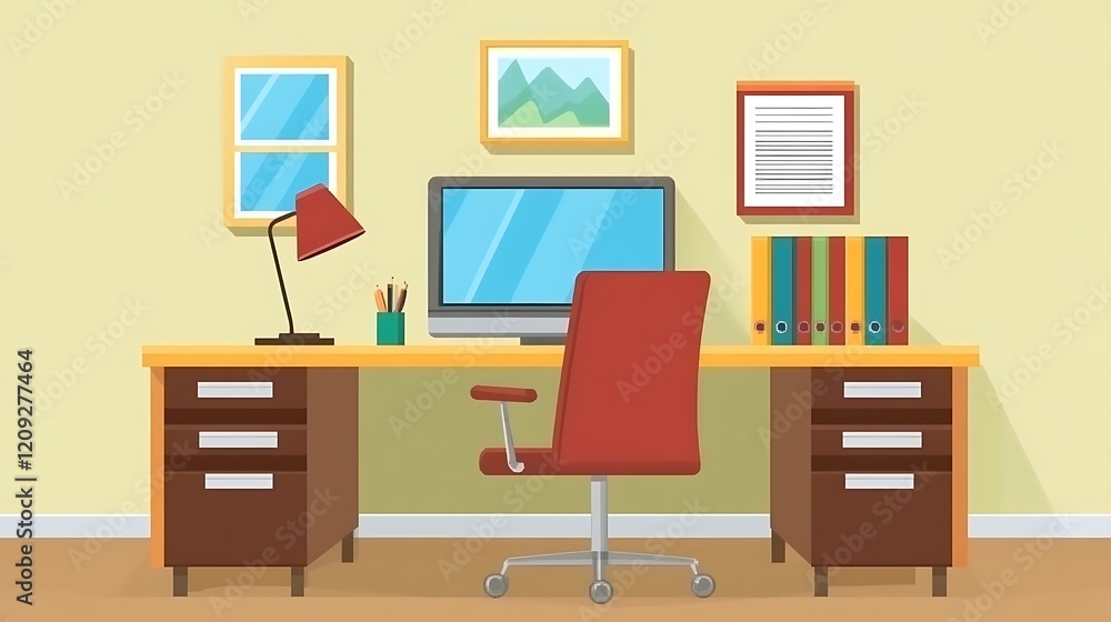 Poster modern home office workspace setup with computer and desk