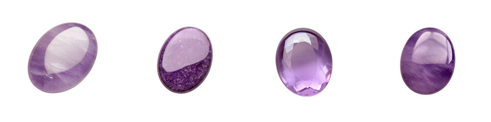 Stunning closeup shot of several faceted amethyst gemstone crystals with their characteristic violet purple color and prismatic translucent The amethyst quartz stones are showcased against a simple