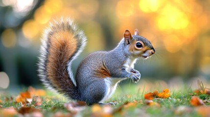 Obraz premium A Curious Grey Squirrel in Autumnal Setting