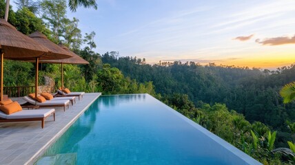 Obraz premium Luxurious villa's outdoor pool terrace offers stunning views and a perfect retreat for relaxation and leisure.