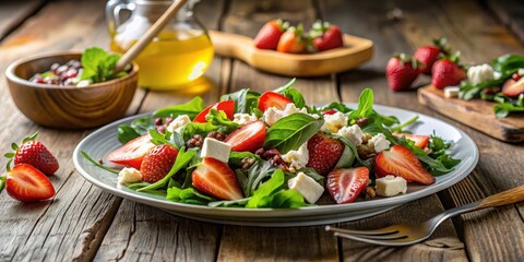 A refreshing summer salad with spinach, strawberries, feta cheese, and walnuts, presented on a rustic wooden table with a honey-lemon vinaigrette