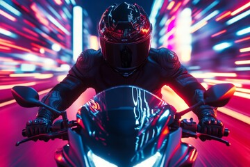 Futuristic biker in neon tunnel race. Neural network AI generated
