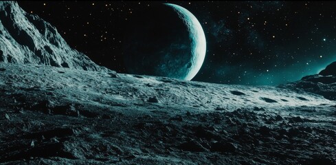 Alien Planet Landscape Crescent Moon over Rocky Surface Starry Night Sky