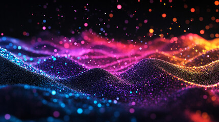 Obraz premium Vibrant Particle Waves: A Symphony of Color and Motion. A dazzling display of multicolored particles forming dynamic wave patterns against a dark backdrop.