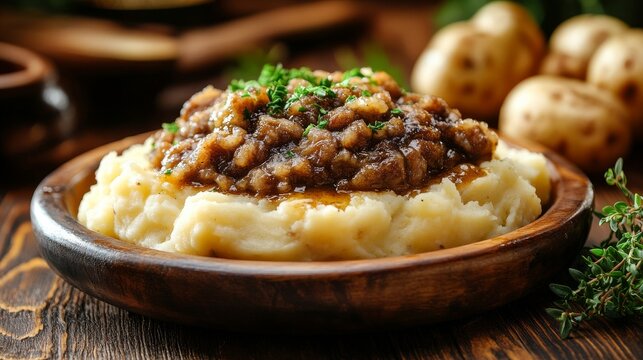 Scottish haggis served with creamy mashed potatoes in a wooden bowl. Traditional Burns Night dish
