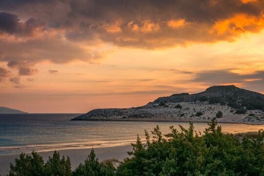 Simos beach sand dunes in Elafonisos island at sunset, in Greece