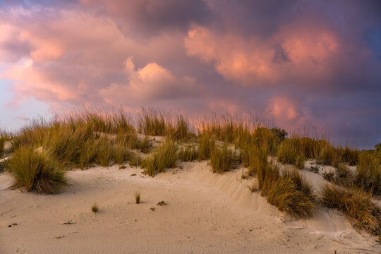 Simos beach sand dunes in Elafonisos island at sunset, in Greece