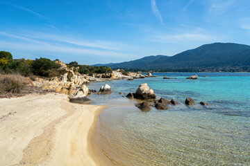 Pine trees beach in Diaporos island with turquoise water in Greece