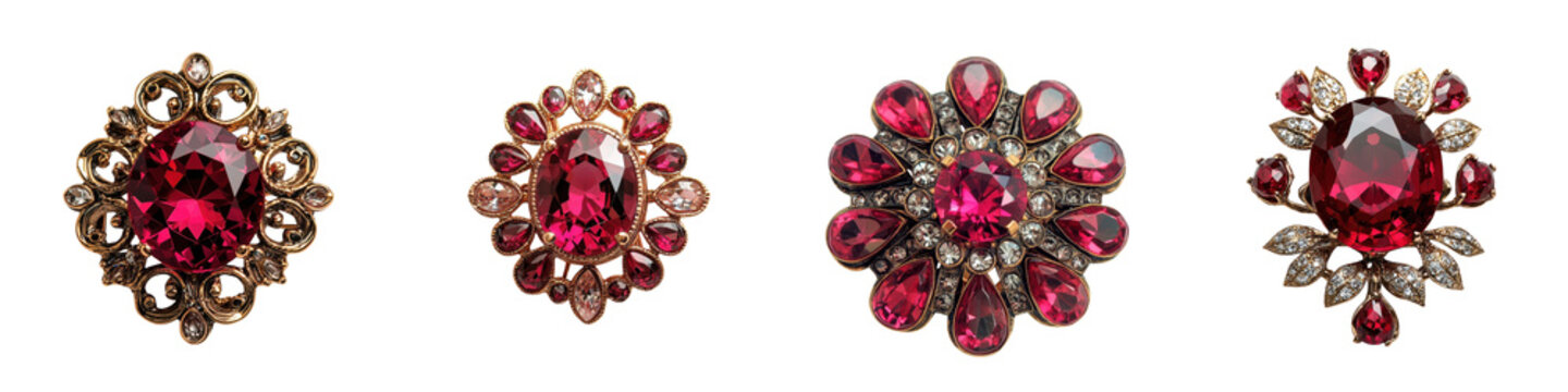Stunning collection of exquisitely crafted brooches featuring an array of luxurious gemstones in vibrant ruby emerald and diamond hues