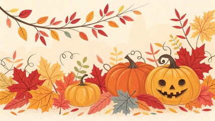 Autumnal Pumpkin Patch Illustration Featuring Jack-o'-Lantern, Fall Leaves, and Horizontal Composition, Halloween, Thanksgiving Autumn leaves, Pumpkins