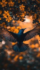 Fototapeta premium Dark bird in flight, wings spread wide amidst vibrant yellow blossoms. A stunning natural scene.