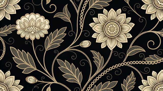 Black and Gold Floral Damask Seamless Pattern Elegant Vintage Design, Floral Wallpaper, Luxury Textile Damask,Vintage