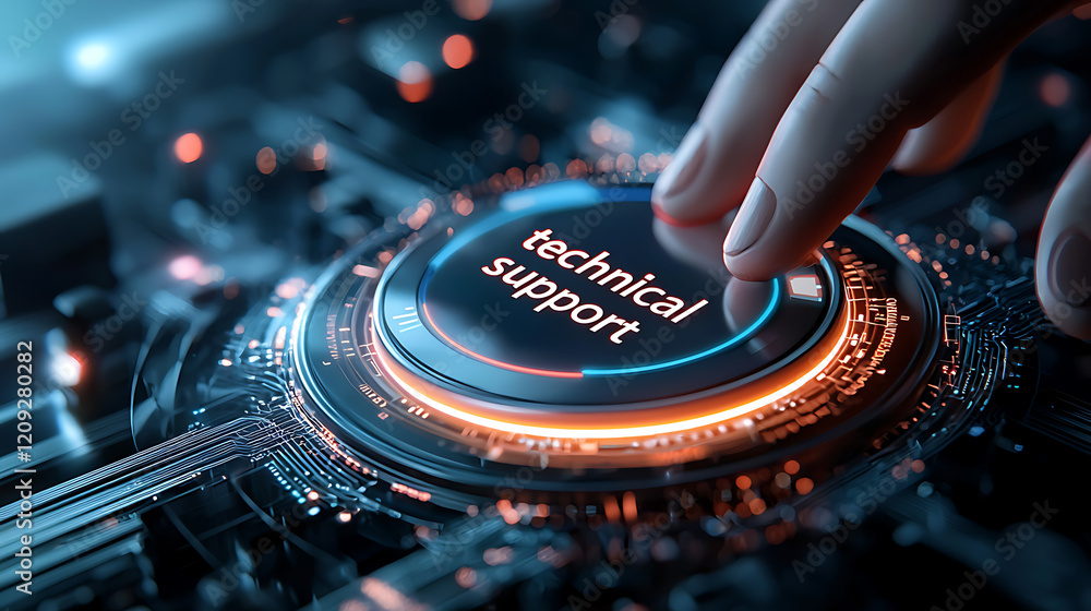 Poster technical support solutions digital environment conceptual image close-up view high-tech focus
