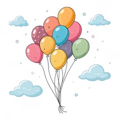 Naklejka premium Colorful Balloons Floating in the Sky Cartoon Illustration, Balloons, Clouds, Stars, Vector Art, Happy, Celebration Balloons