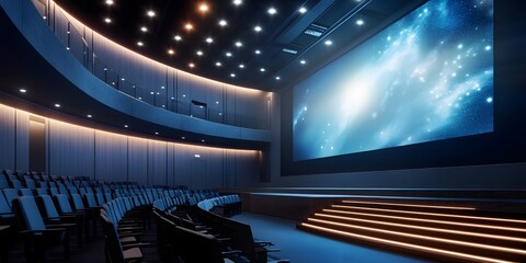 Modern lecture hall with wide projector screens, tiered seating, and soft lighting. Ideal for educational and corporate presentations.