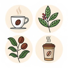 Coffee Shop Icon Set Flat Design, Circular Composition, Coffee Beans, Cups, Plant, Coffee Plant, Beverage Coffee
