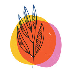 Tropical leaves with geometric shape. Colorful cute screen printing effect. Riso print. Vector illustration. Graphic element for fabric, textile, clothing, wrapping paper, wallpaper