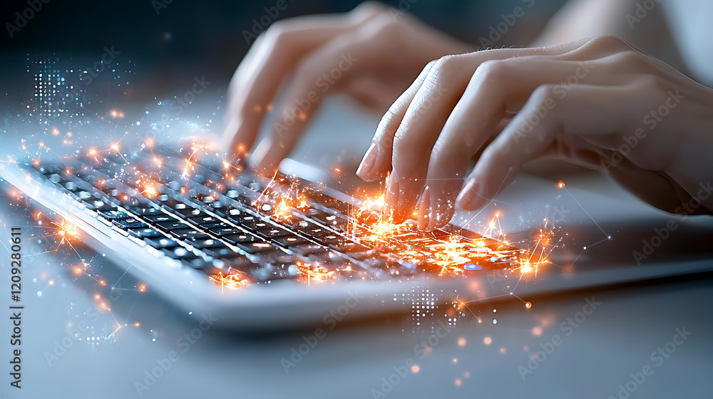 Poster dynamic typing action in a modern office digital workspace photo close-up productivity and innovatio