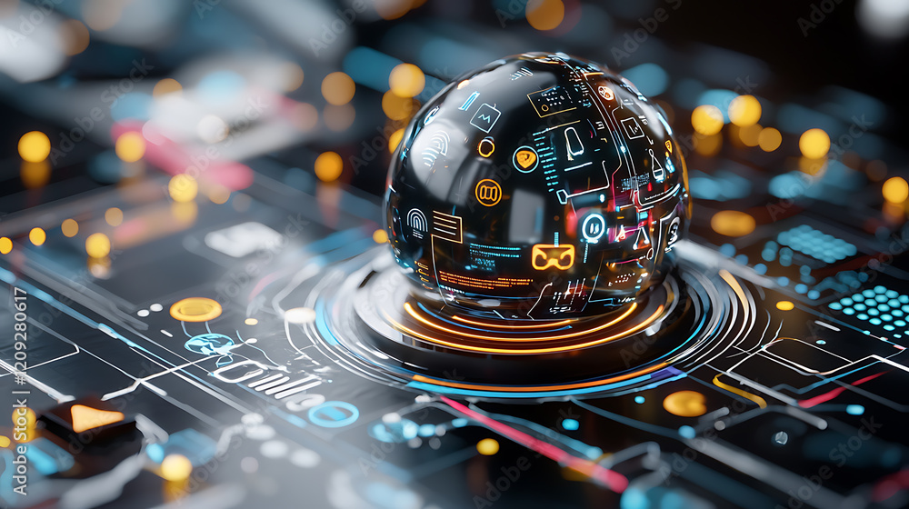 Poster exploring digital innovation virtual environment 3d graphics futuristic design close-up technology c