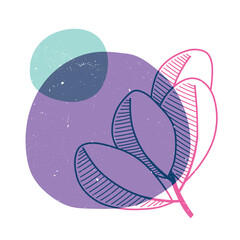 Tropical leaves with geometric shape. Colorful cute screen printing effect. Riso print. Vector illustration. Graphic element for fabric, textile, clothing, wrapping paper, wallpaper
