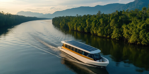 Solar powered boat cruising through serene river surrounded by lush mangroves