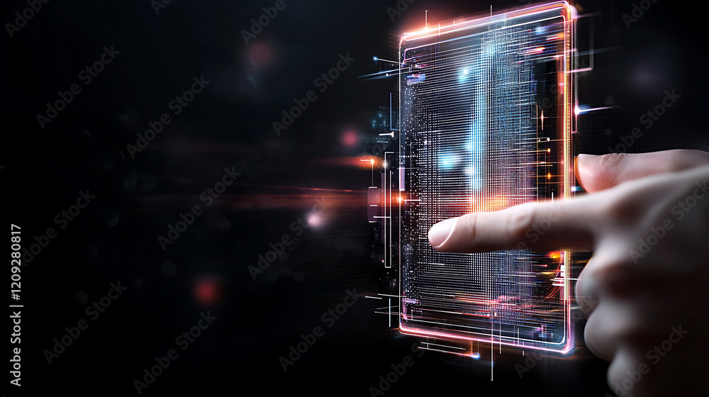 Poster interactive technology showcase digital space visual content futuristic environment close-up view in