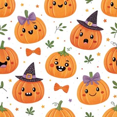 Cute Halloween Pumpkin Seamless Pattern Digital Illustration, Kawaii Style, Autumn, Holiday Halloween, Pumpkins
