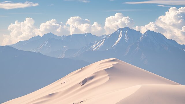 Serene landscape photograph of a majestic snow-capped mountain range viewed from a gently sloping sand dune under a partly cloudy sky.