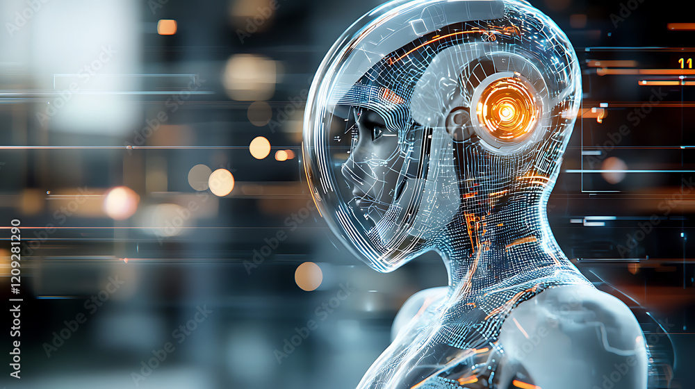 Poster futuristic robot prototype display technology expo digital art indoor setting close-up view innovati