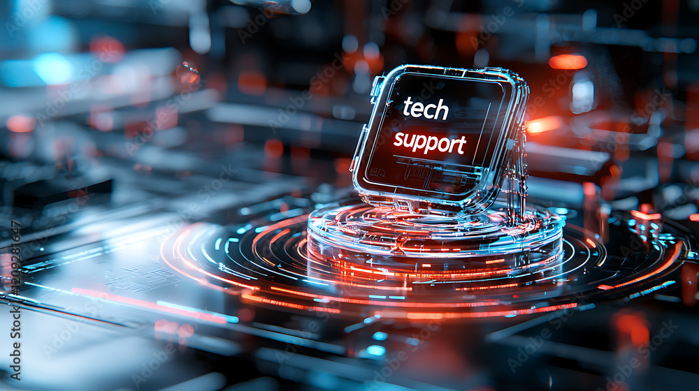 Poster tech support action in a digital environment futuristic graphic design with abstract elements