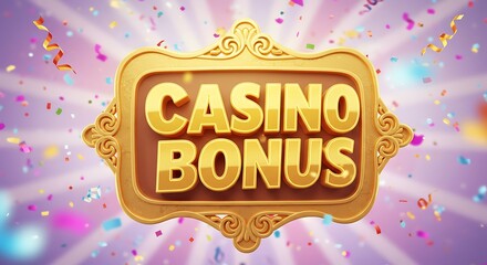 Game concept. Casino Bonus label frame, golden banner, border winner, Vegas game. illustration