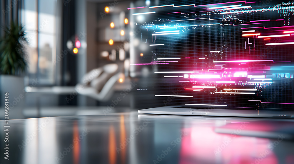 Poster dynamic digital data visualization modern office technology scene contemporary workspace close-up in