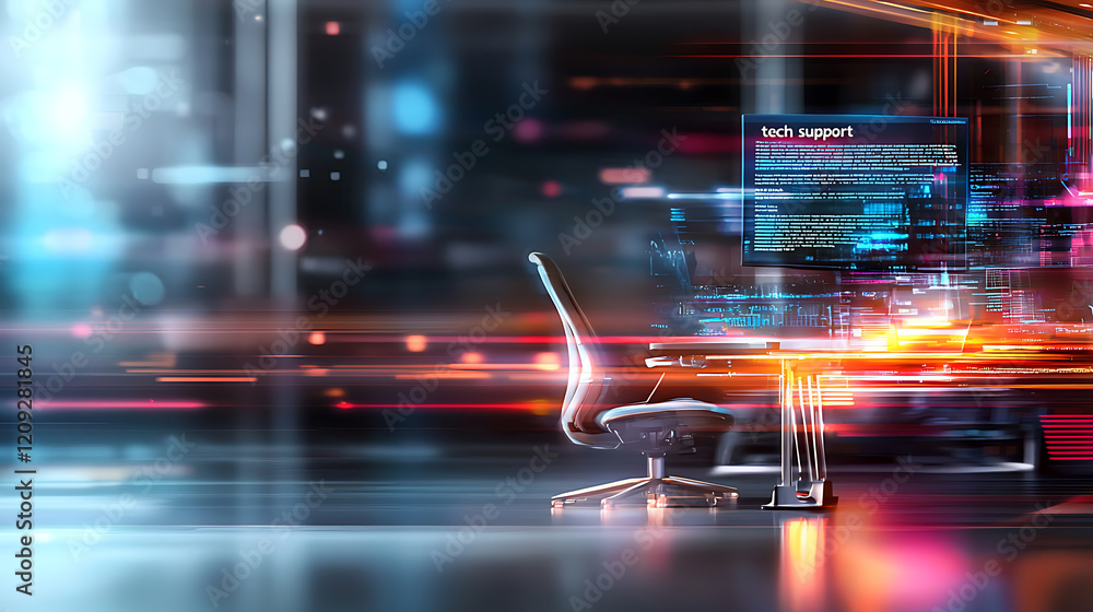 Poster tech support desk modern office digital workspace futuristic environment dynamic viewpoint virtual i
