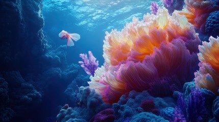Naklejka premium Vibrant Underwater Coral Reef Scene with Pink Fish Swimming, Ocean Paradise, Tropical Marine Life